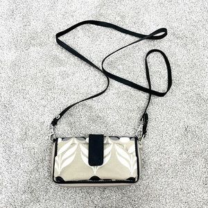 Petunia Pickle Bottom Tan, White and Black Floral Wallet Clutch with Strap